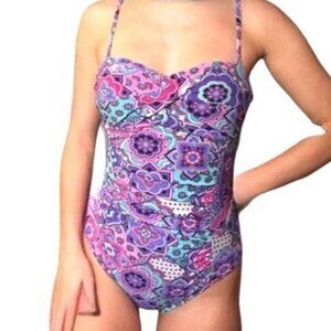 Assets by Spanx Paisley Floral Purple Blue Swimsuit Size Medium EUC #7969